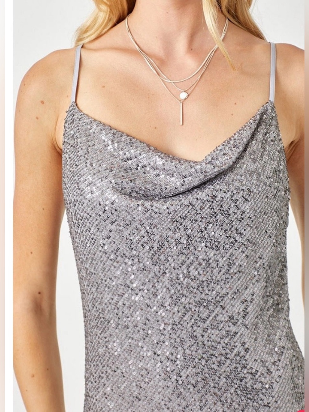 Silver Sequin Slip Dress with Cowl Neck - Picture 3 of 4